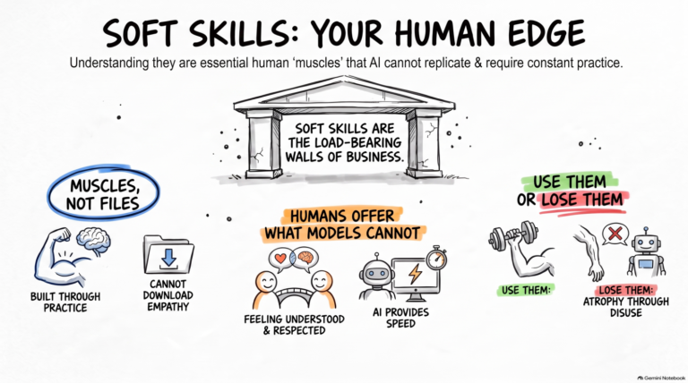 Illustration titled 'Soft Skills: Your Human Edge' showing that soft skills are built through practice and atrophy through disuse