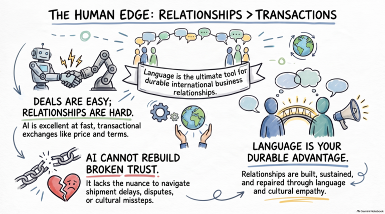 Illustration titled 'The Human Edge: Relationships Over Transactions' contrasting AI's speed at deals with its inability to rebuild broken trust