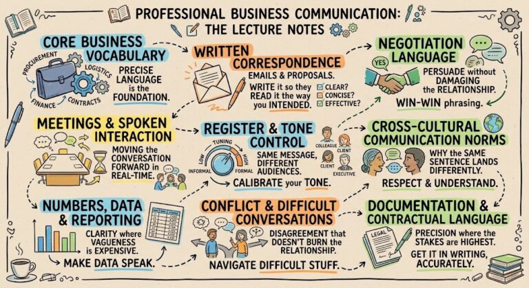 Diagram mapping nine pillars of professional business communication: core vocabulary, written correspondence, meetings, register and tone, negotiation language, cross-cultural norms, numbers and reporting, difficult conversations, and documentation