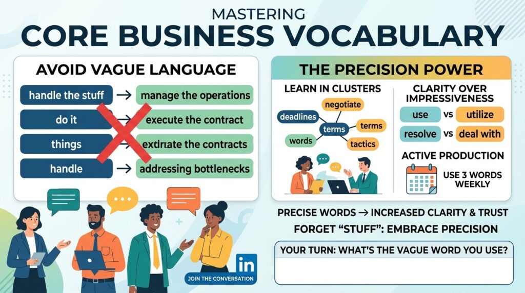 Infographic contrasting vague phrases such as “handle the stuff” with precise business alternatives
