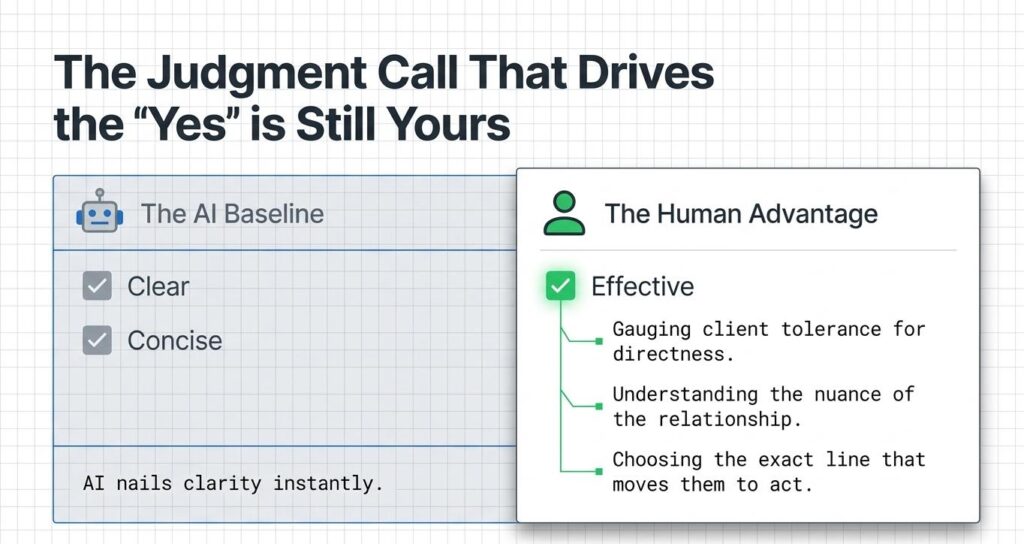 Comparison graphic showing what AI reliably delivers versus the human judgment calls only a person can make in a client email