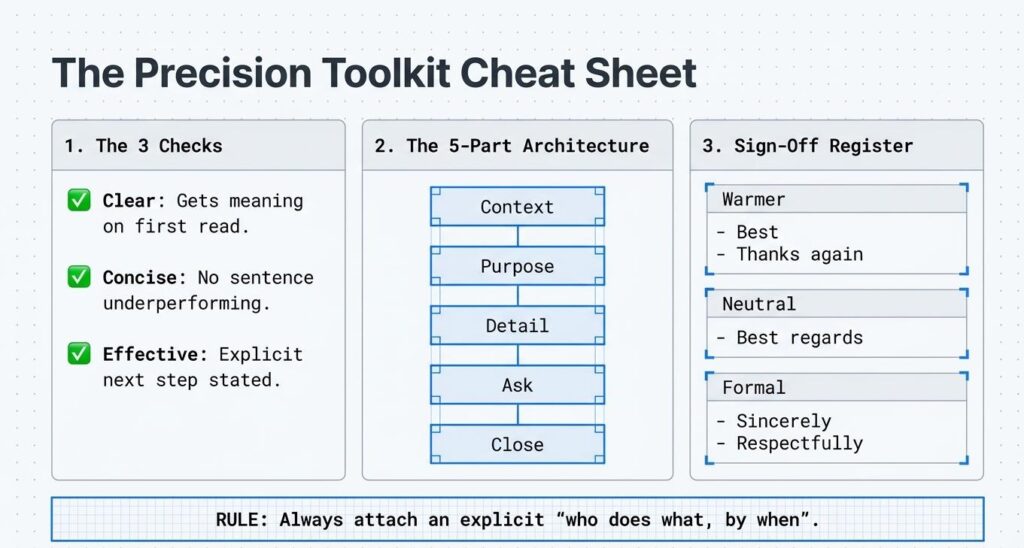 Summary cheat sheet combining the three checks, the five-part email structure, and sign-off register by formality level