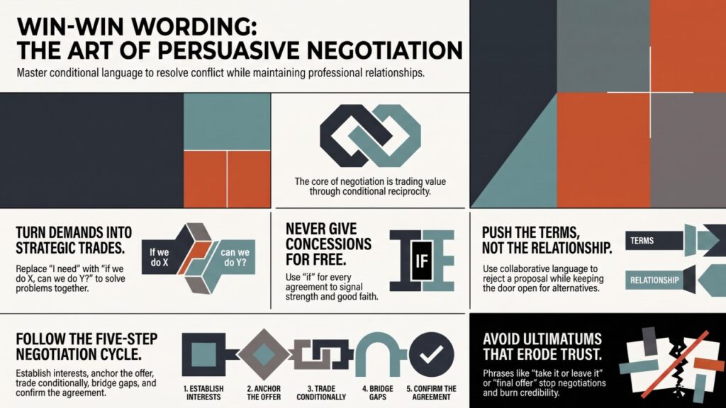 Win-win wording, the art of persuasive negotiation: infographic of the five techniques and the five-step negotiation cycle