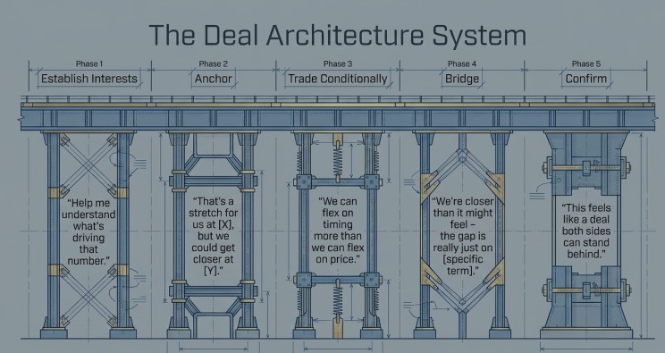 The Deal Architecture System: the five negotiation phases with an example phrase for each