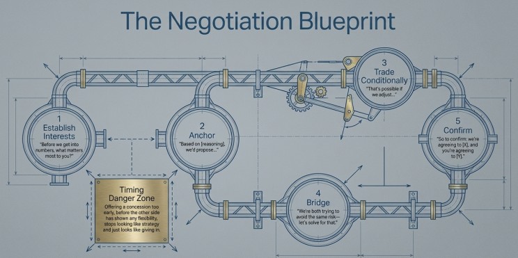 The Negotiation Blueprint: establish interests, anchor, trade conditionally, bridge and confirm, with a timing danger zone