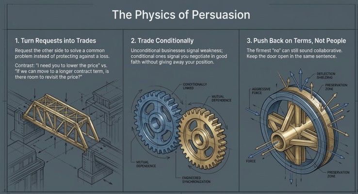 The Physics of Persuasion: turn requests into trades, trade conditionally, push back on terms not people