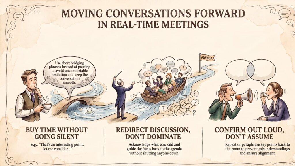 Moving conversations forward in real-time meetings: buy time without going silent, redirect without dominating, confirm out loud