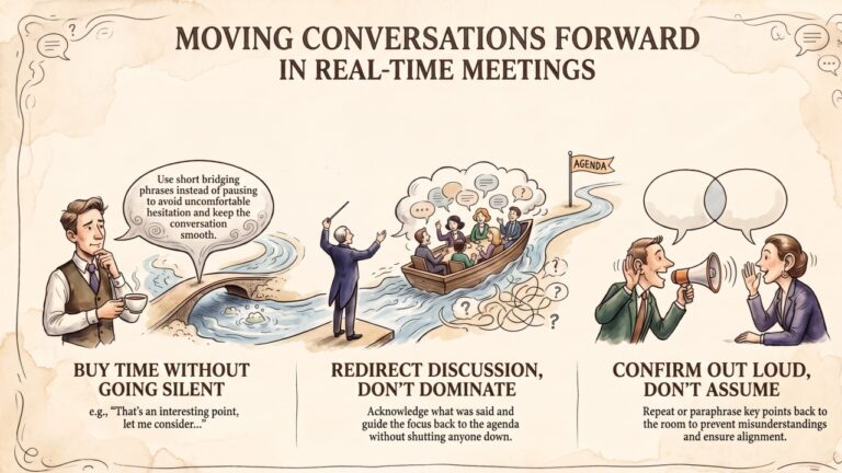 Moving conversations forward in real-time meetings: buy time without going silent, redirect without dominating, confirm out loud