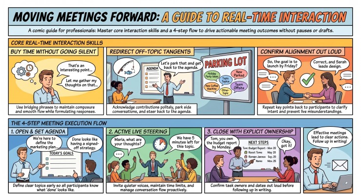 Comic-style guide to real-time meeting skills and the four-step meeting execution flow
