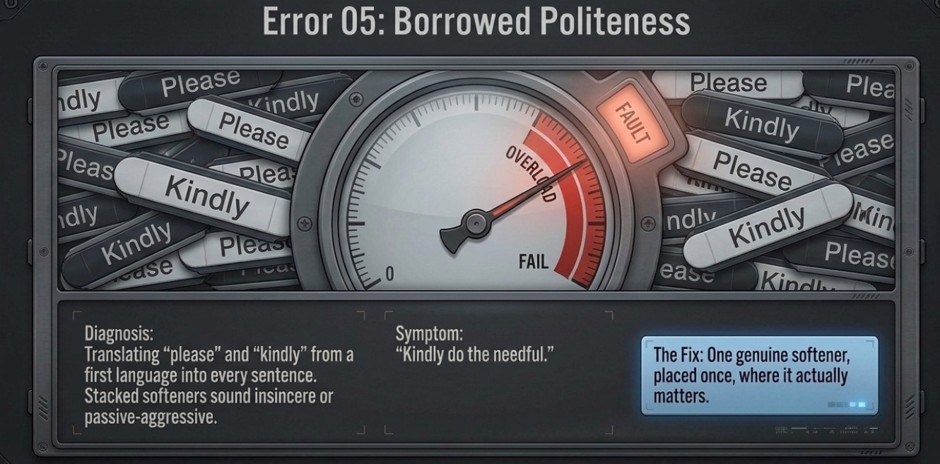 Error 05, borrowed politeness: stacked softeners that sound insincere, and the fix
