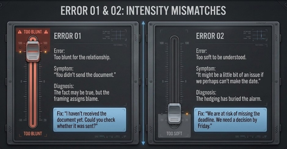 Errors 01 and 02, intensity mismatches: too blunt for the relationship and too soft to be understood, with fixes
