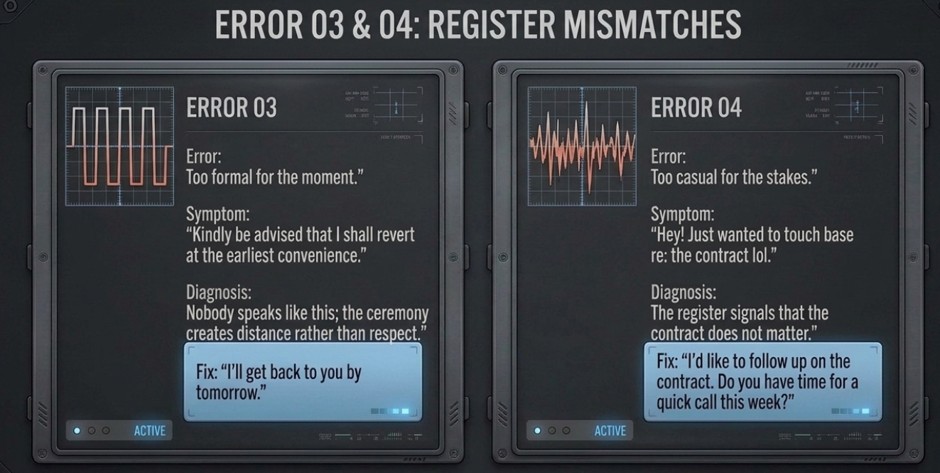 Errors 03 and 04, register mismatches: too formal for the moment and too casual for the stakes, with fixes